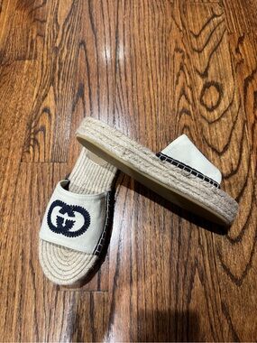GG  Cream Espadrille Slide with Navy Embroidered Double G